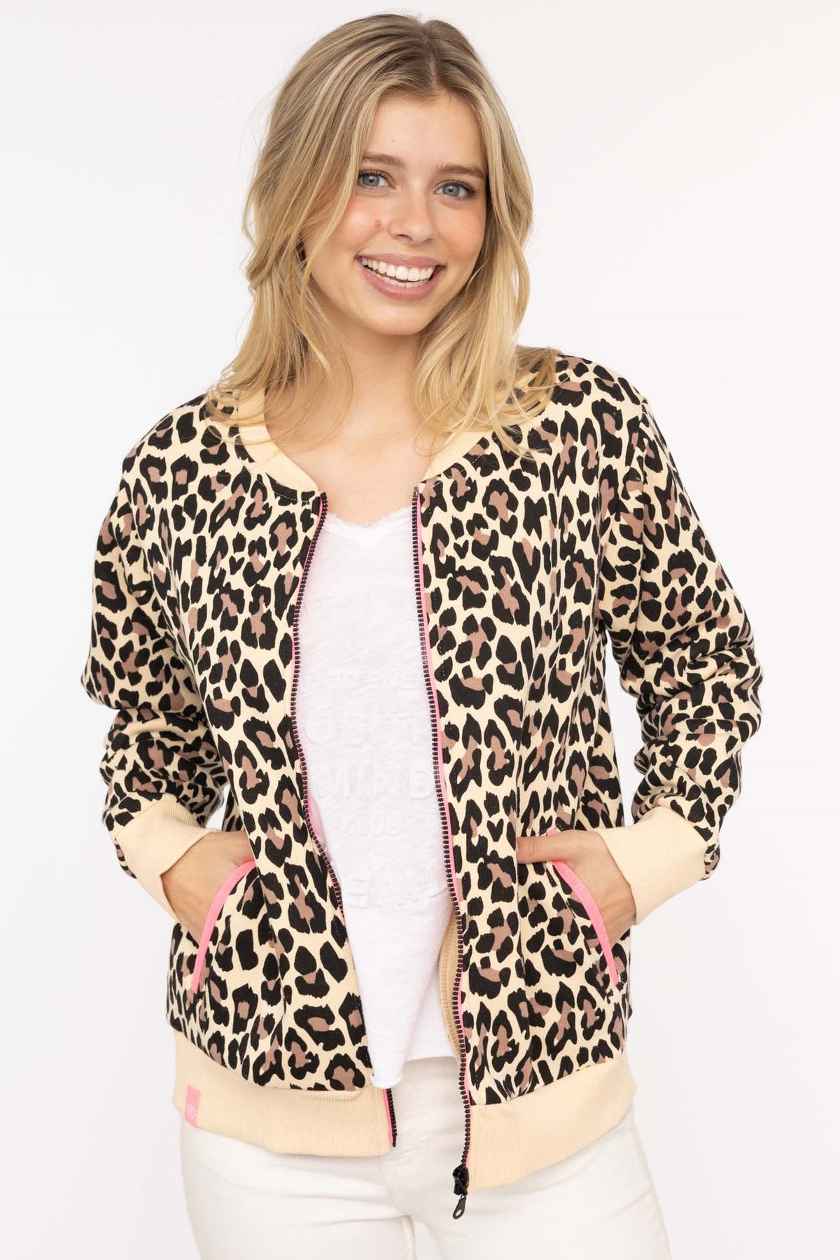 Zwillingsherz - Sweatbomberjacke "Leo Leopard" - Beige/Schwarz