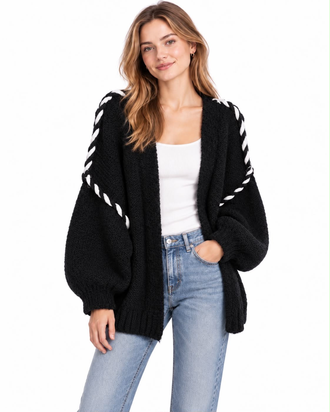 Oversize Cardigan Viskose mit Kontrastnaht – Schwarz/Weiß