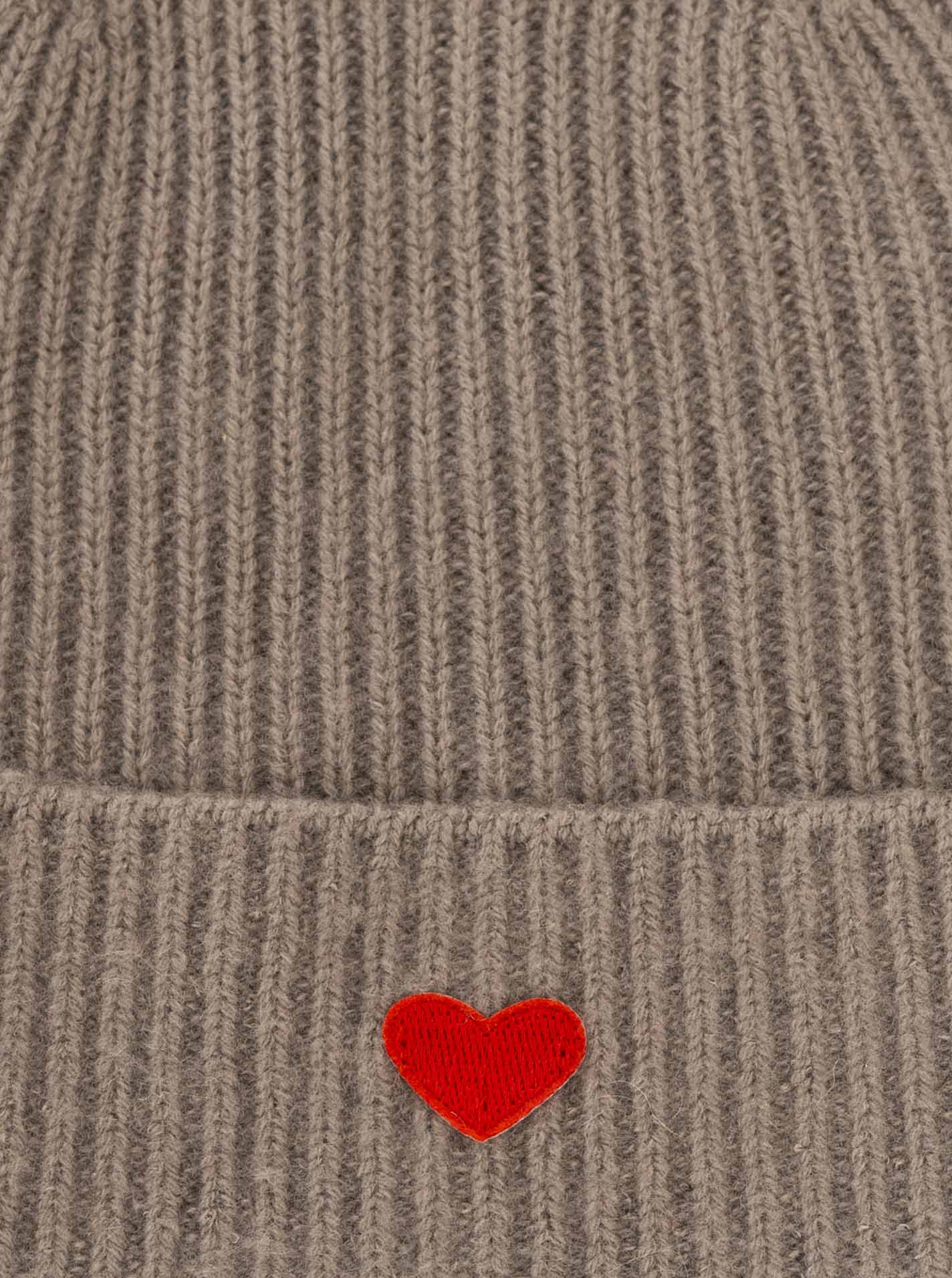 Zwillingsherz Damen Kaschmir-Mütze Herz Motiv (100% Cashmere) - Taupe/Rot