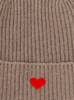 Zwillingsherz Damen Kaschmir-Mütze Herz Motiv (100% Cashmere) - Taupe/Rot