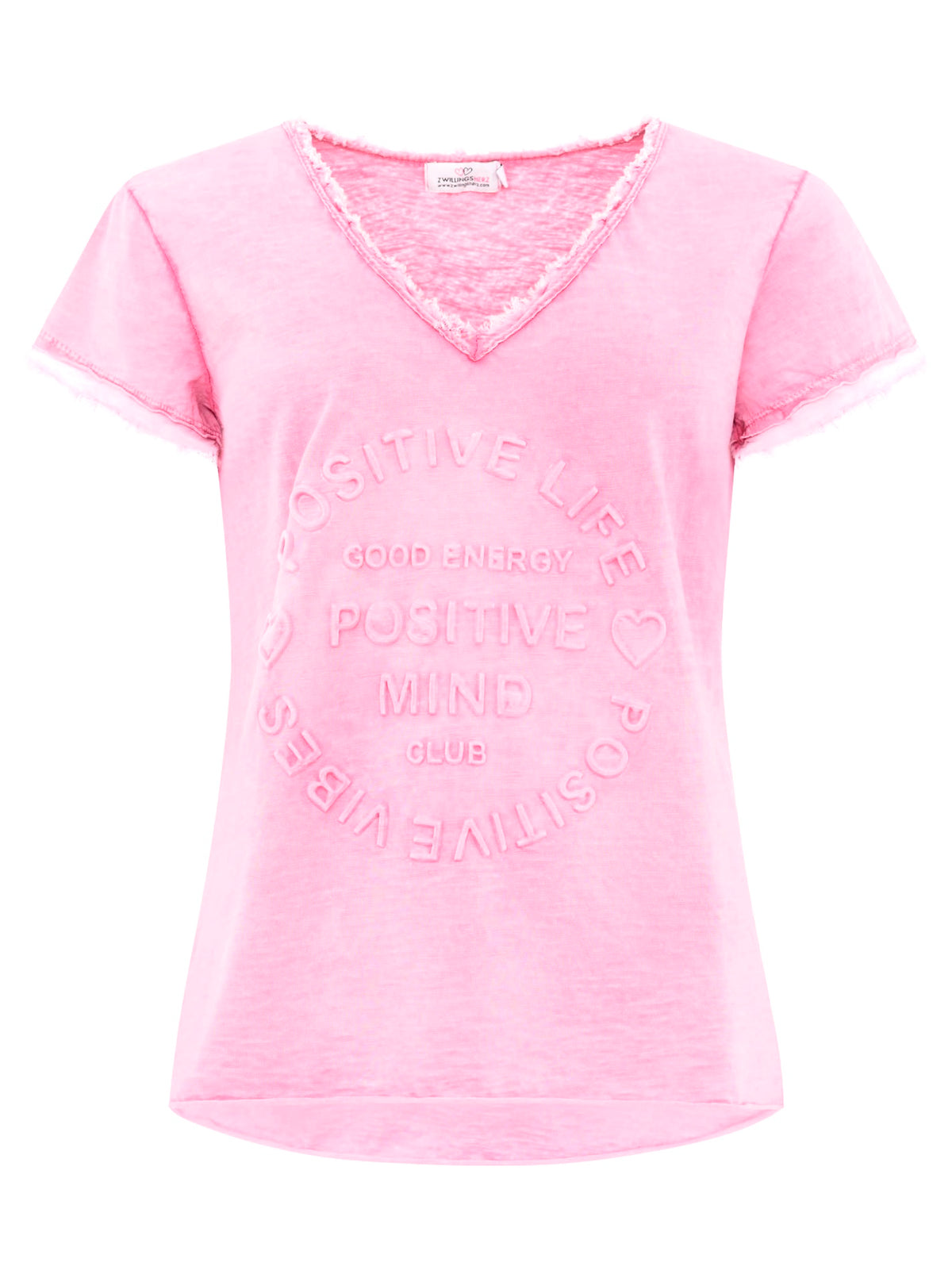 Zwillingsherz - Oversized T-Shirt "Positive Mind" V-Ausschnitt Fransensaum - Rosa