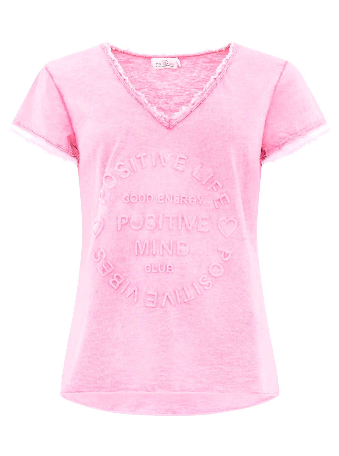 Zwillingsherz - Oversized T-Shirt "Positive Mind" V-Ausschnitt Fransensaum - Rosa