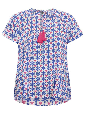 Zwillingsherz - Kurzarm Bluse - Blau/Weiß/Pink