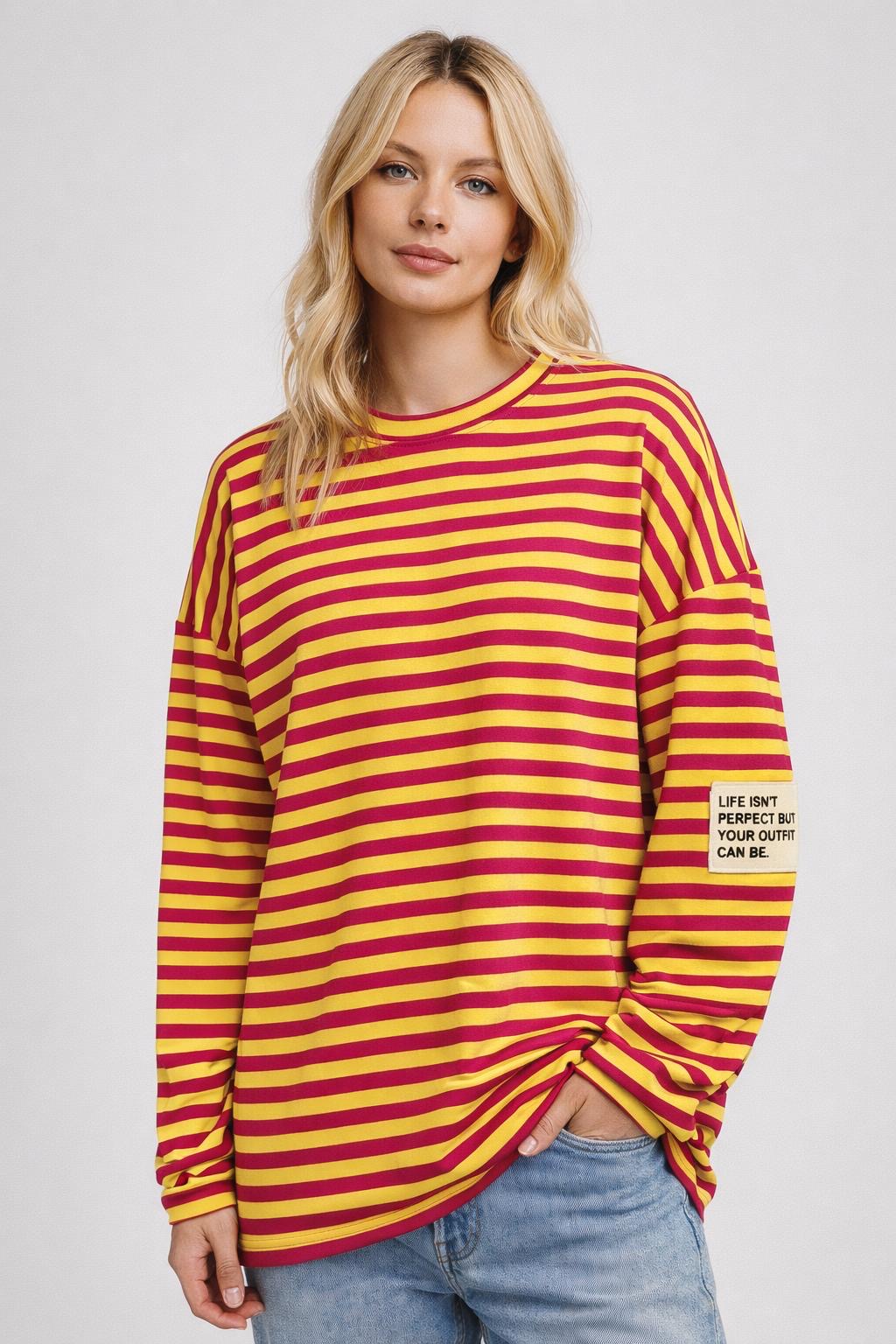 Flair - Leichtes Streifen Sweatshirt "Life isn’t Perfect but your Outfit can be" - Gelb/Rot