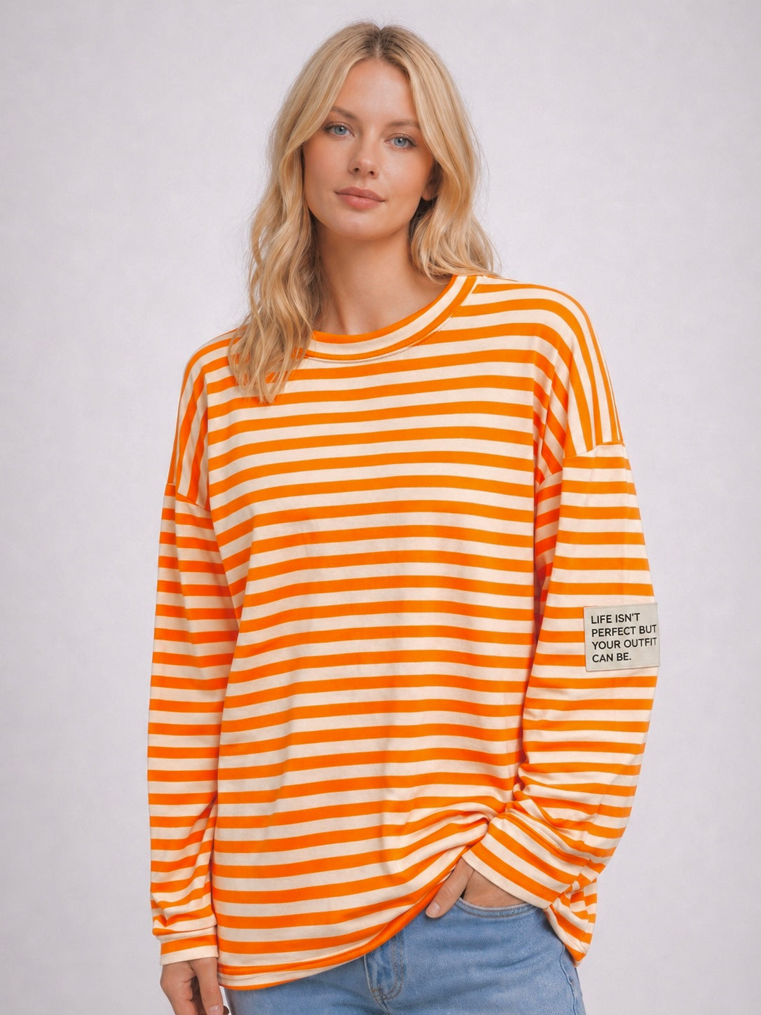 Flair - Leichtes Streifen Sweatshirt "Life isn’t Perfect but your Outfit can be" - Orange/Creme