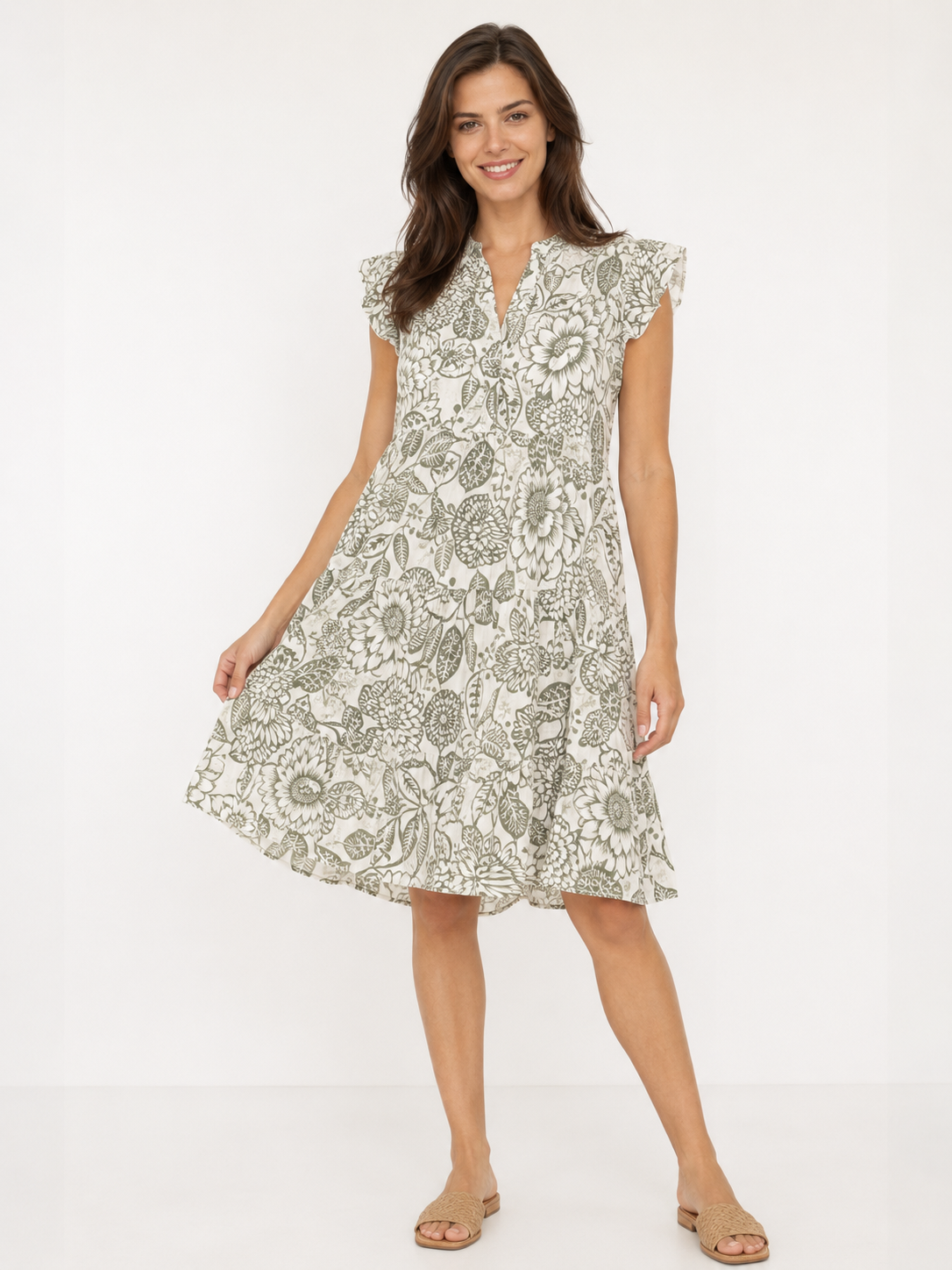 Zwillingsherz - Ärmelloses Viskose Kleid "Flowers" - Grün (SuperSale - keine Retoure)