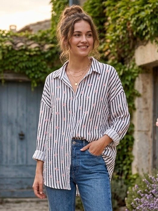 Musselin-Bluse Streifen & Blumen - Marine