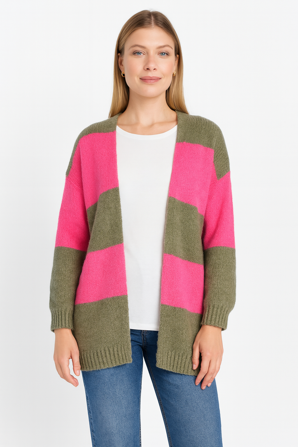 Hochwertige Strickjacke/Cardigan - Khaki/Pink