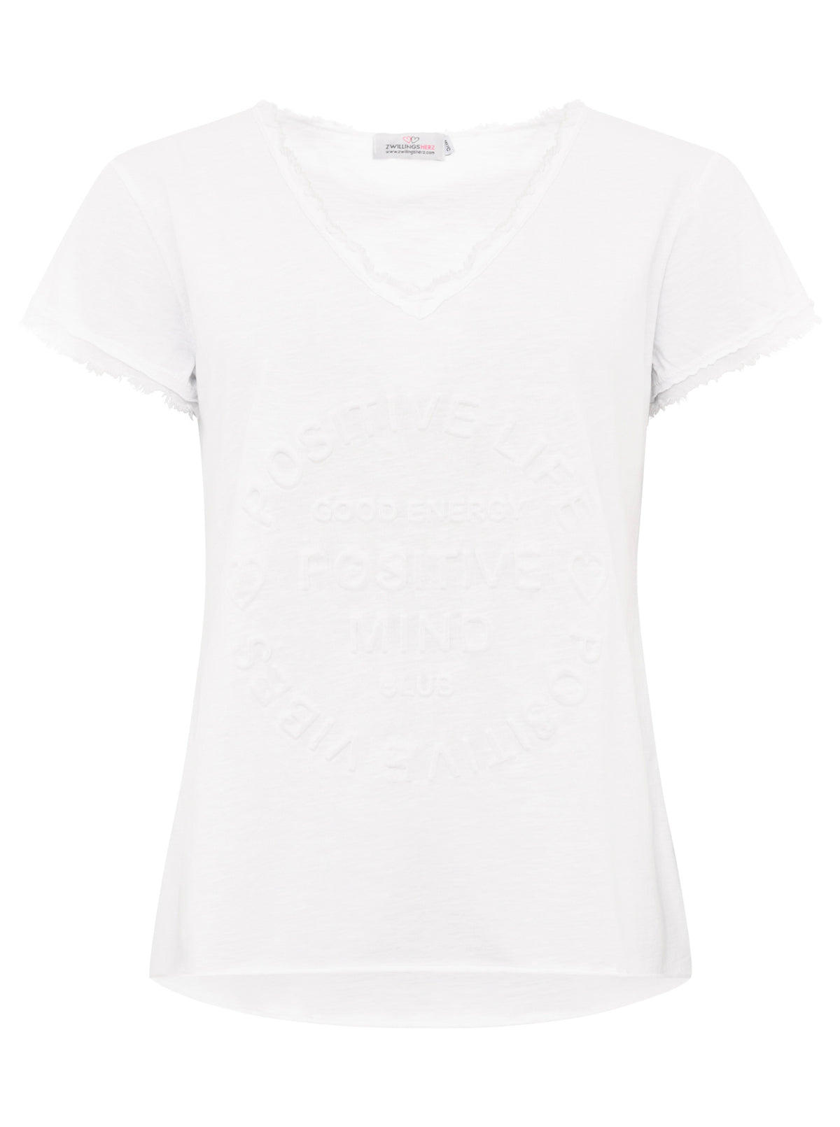 Zwillingsherz -  Oversized T-Shirt "Positive Mind" Fransensaum - Weiß