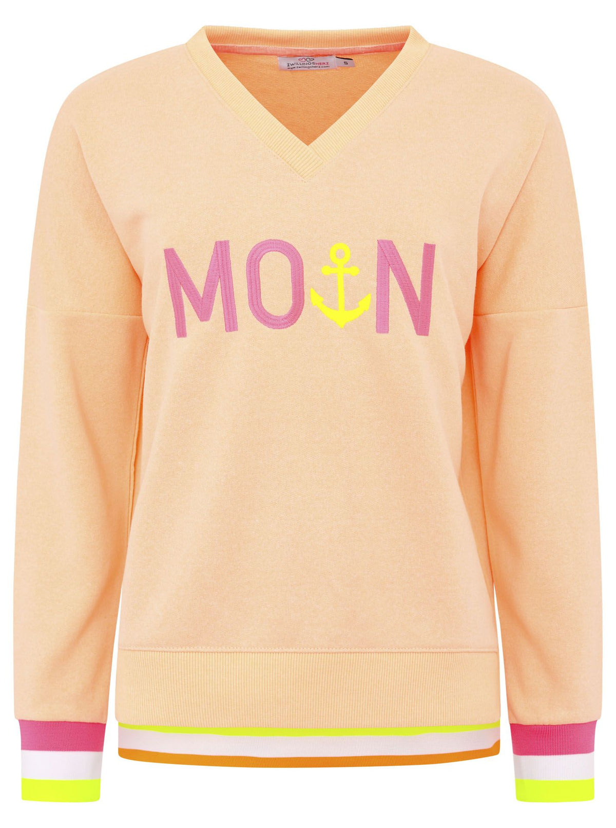 Zwillingsherz - Sweatshirt V-Ausschnitt "Moin Anker" - Apricot/Orange