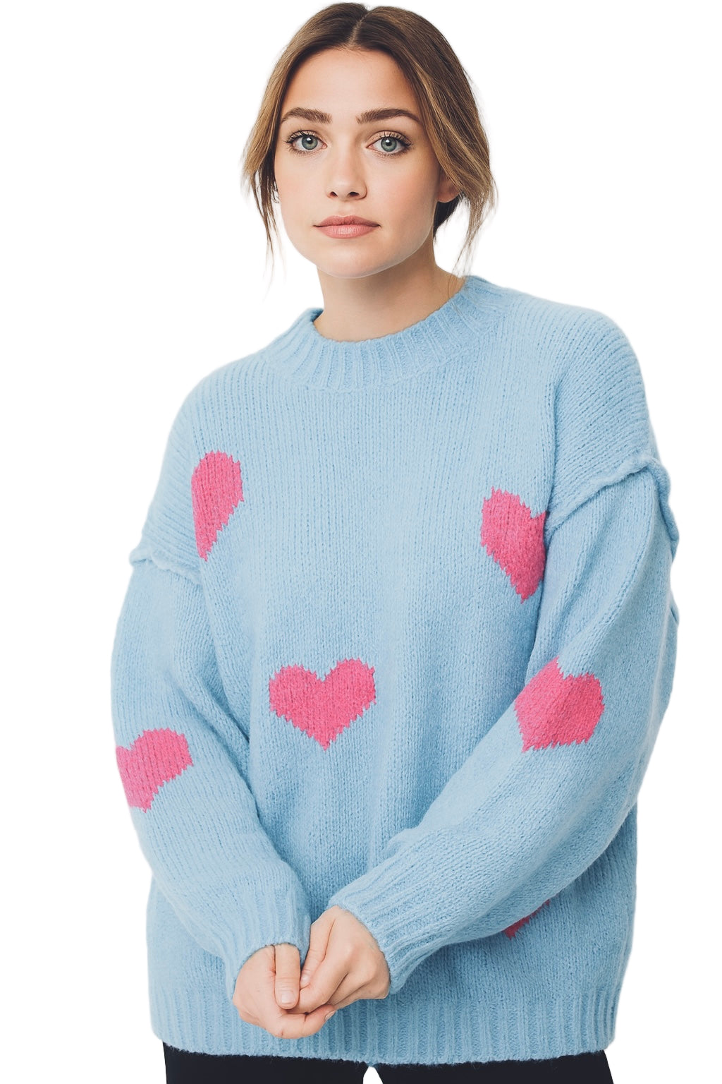 Strick-Pullover Wolle mit naht "Herzen" - Hellblau