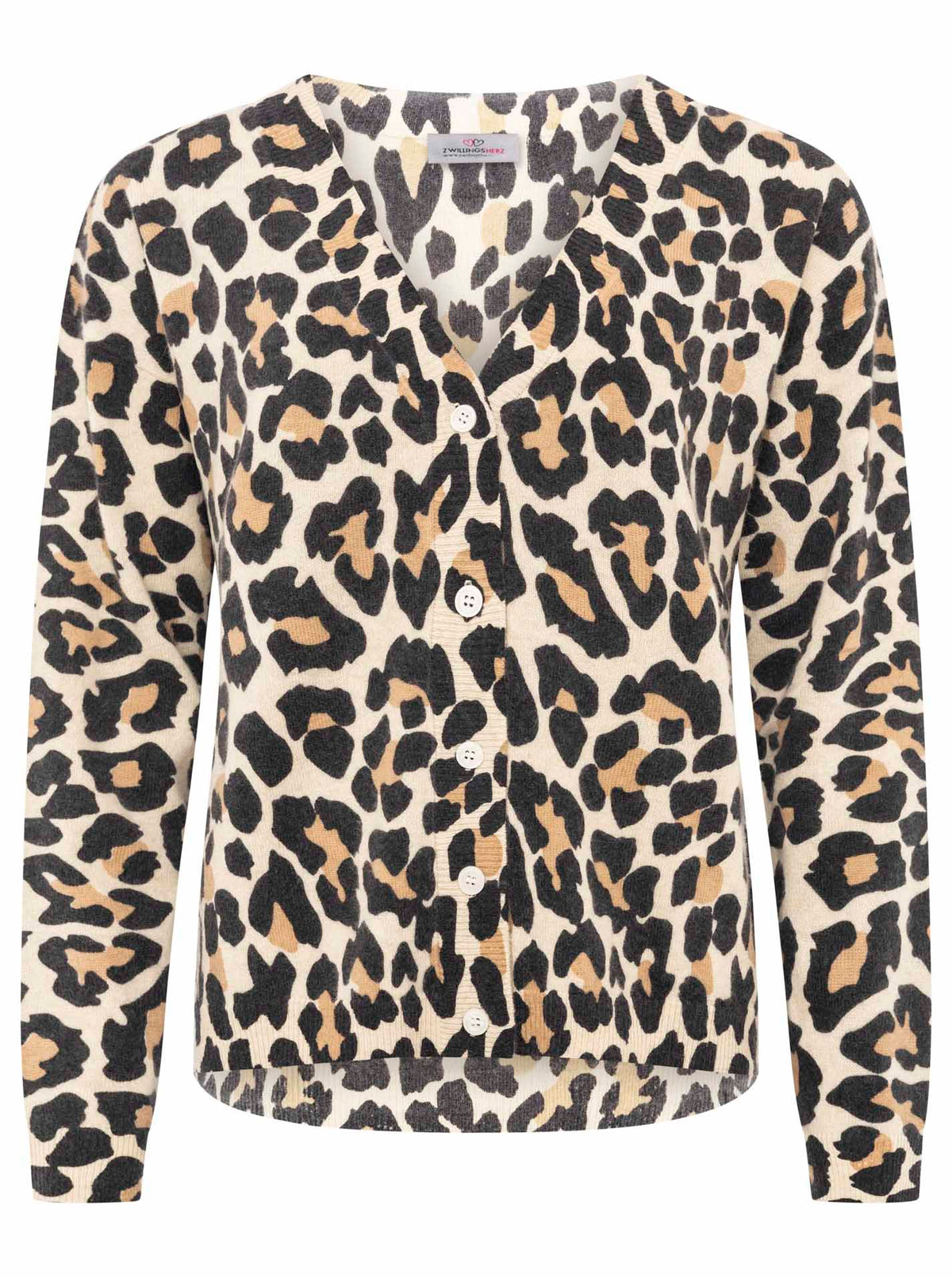 Zwillingsherz 100% Kaschmir / Cashmere Cardigan/Strickjacke Leo/Leopard - Beige/Schwarz