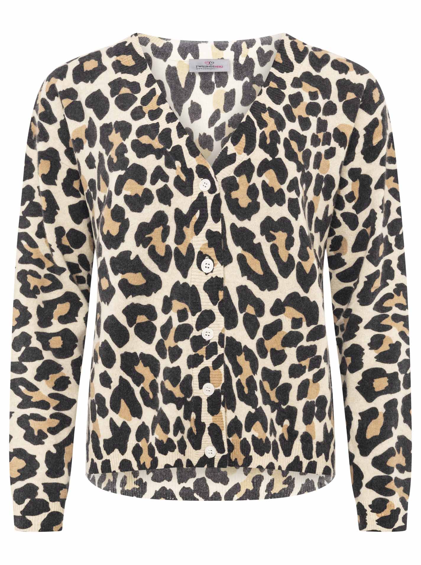 Zwillingsherz 100% Kaschmir / Cashmere Cardigan/Strickjacke Leo/Leopard - Beige/Schwarz