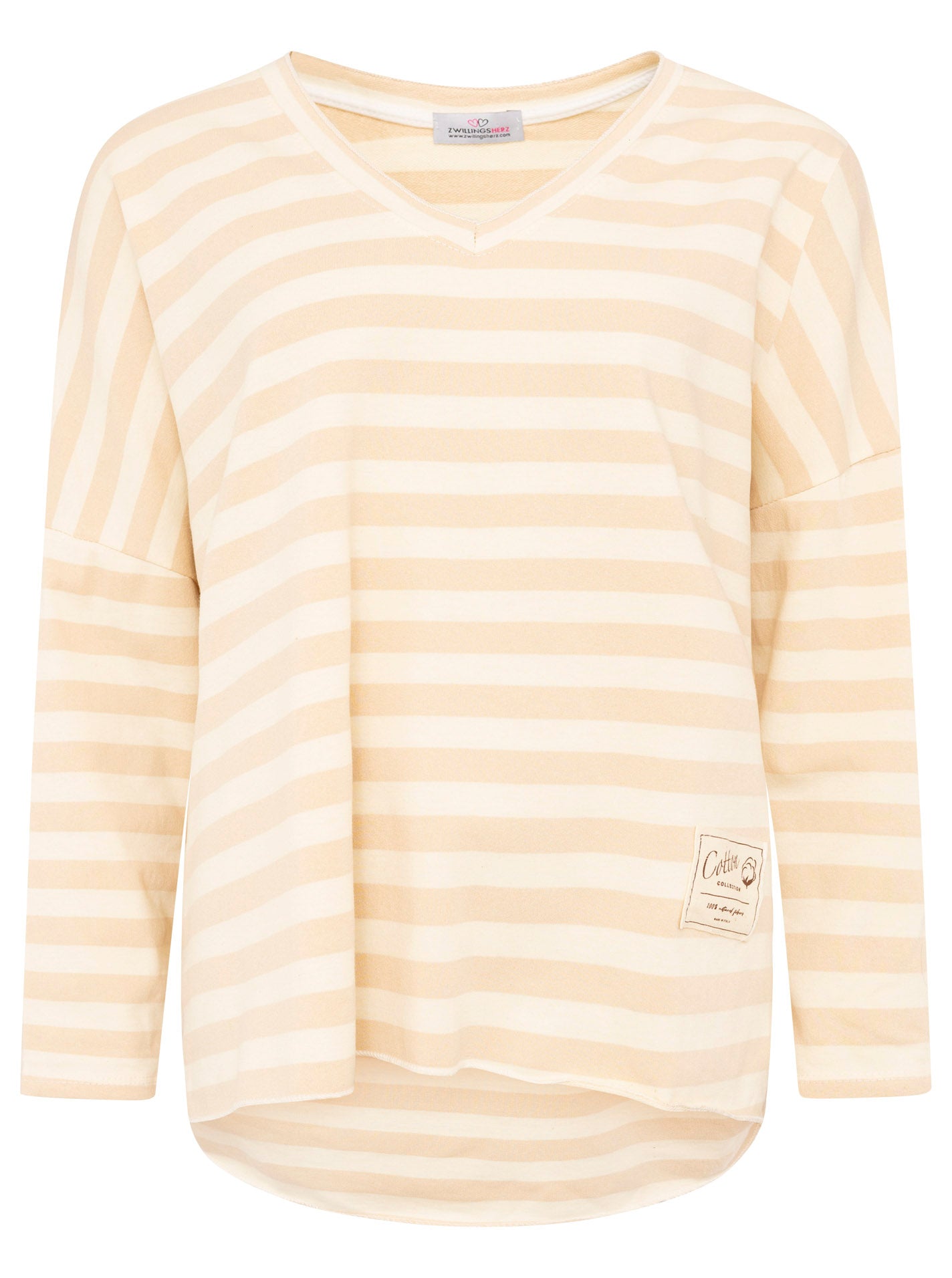 Zwillingsherz - Sweatshirt V-Neck "Streifen & Jersey" - Beige