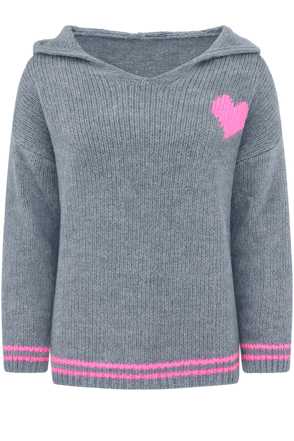Oversize Strick Hoodie „Herz“ - Made in Italy - Blaugrau/Pink