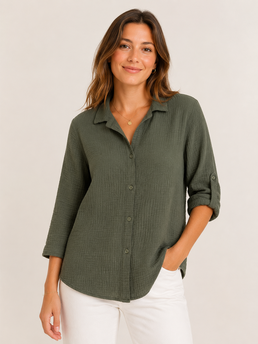 Musselin-Bluse Knopfleiste 3/4 Arm - Khaki