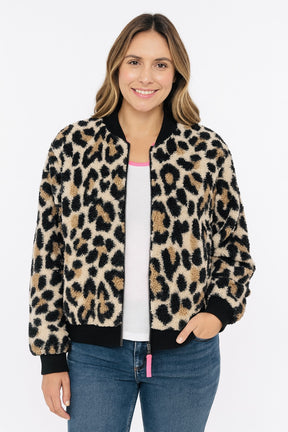 Zwillingsherz Teddy-Bomberjacke Leopard - Beige/Schwarz