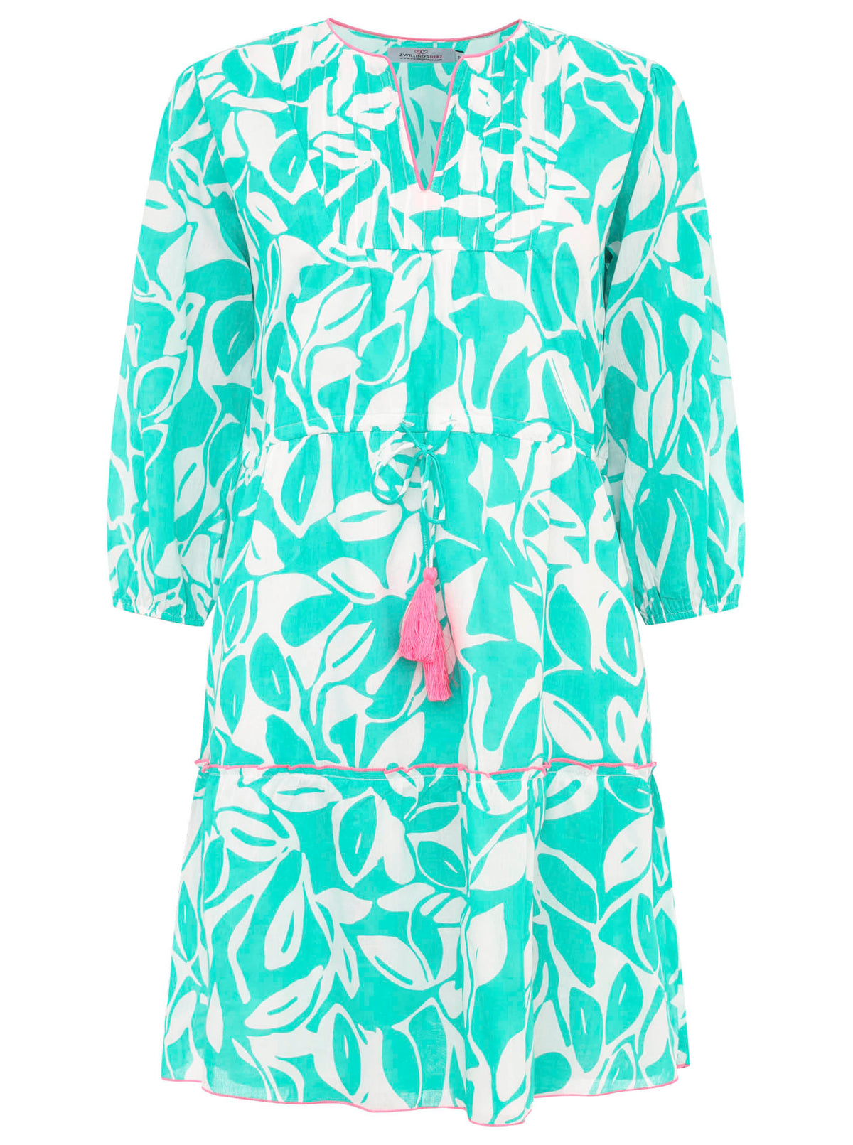 Zwillingsherz - Baumwolle Kleid mit Design Blätter - Grün/Pink