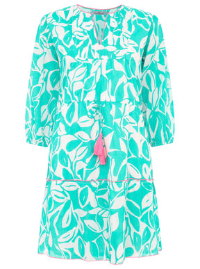 Zwillingsherz - Baumwolle Kleid mit Design Blätter - Grün/Pink