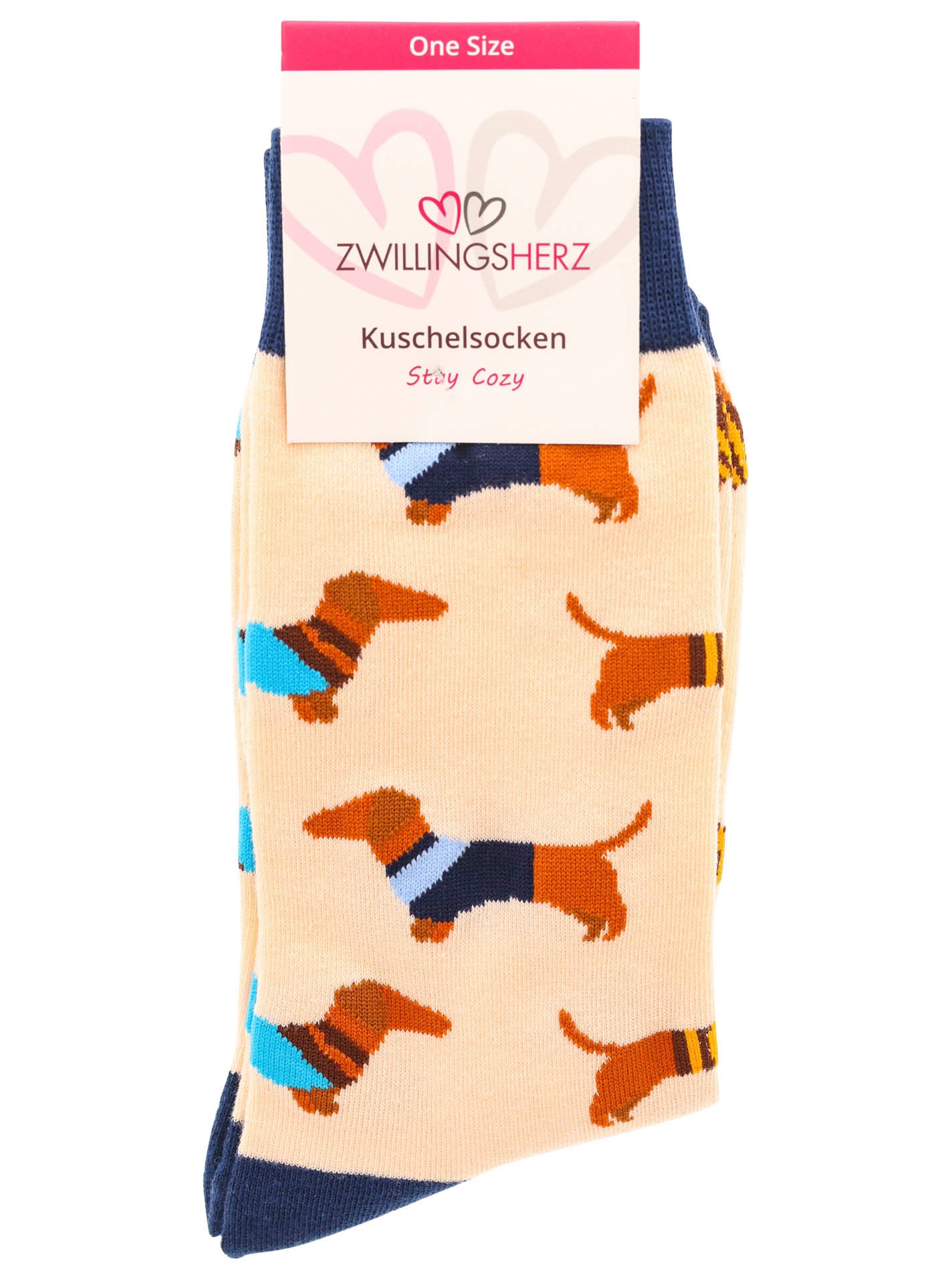 Zwillingsherz - Kuschelsocken Dackel Streifen - Blau/Braun (1x Paar)