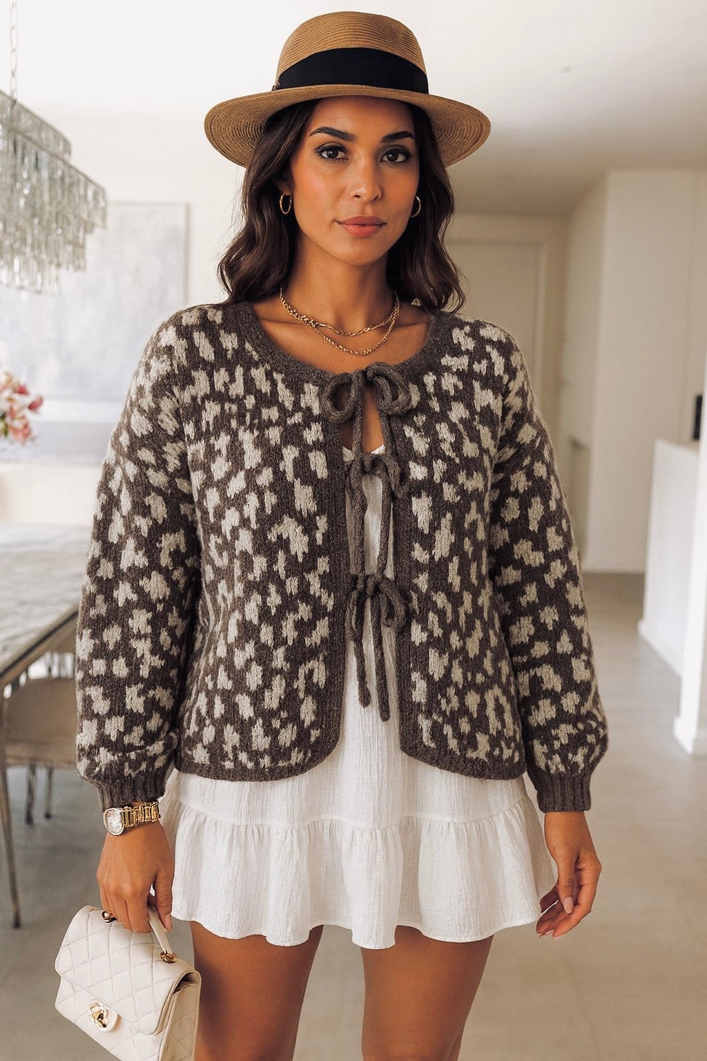 Stilvoller Leo Cardigan mit Schleife - Hellbraun