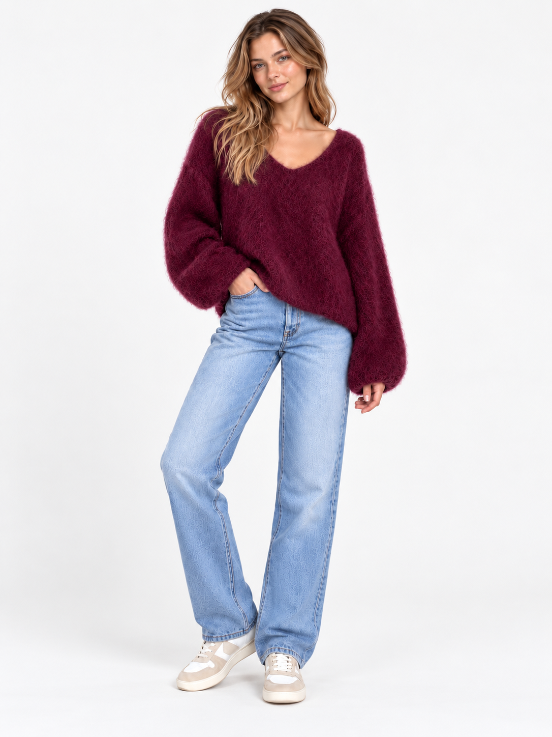 Oversized V-Neck Pullover aus hochwertigem Kid Mohair - Bordeaux