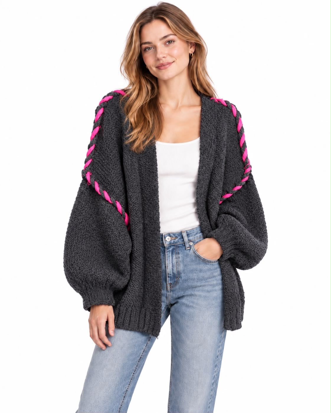 Oversize Cardigan Viskose mit Kontrastnaht – Anthrazit/Pink