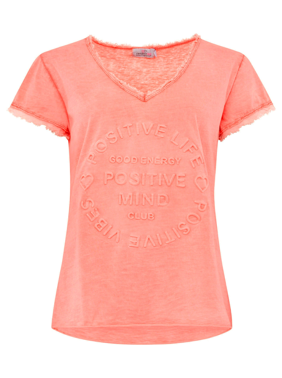Zwillingsherz - Oversized T-Shirt "Positive Mind" V-Ausschnitt Fransensaum - Koralle