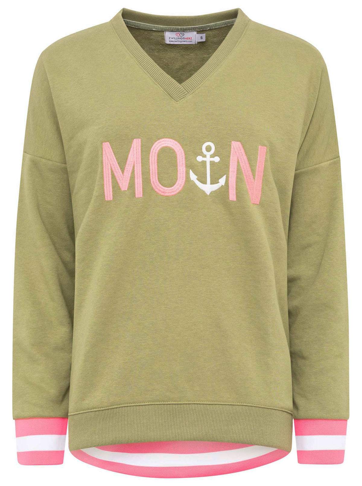 Zwillingsherz - Sweatshirt V-Ausschnitt "Moin Anker" - Khaki/Olive