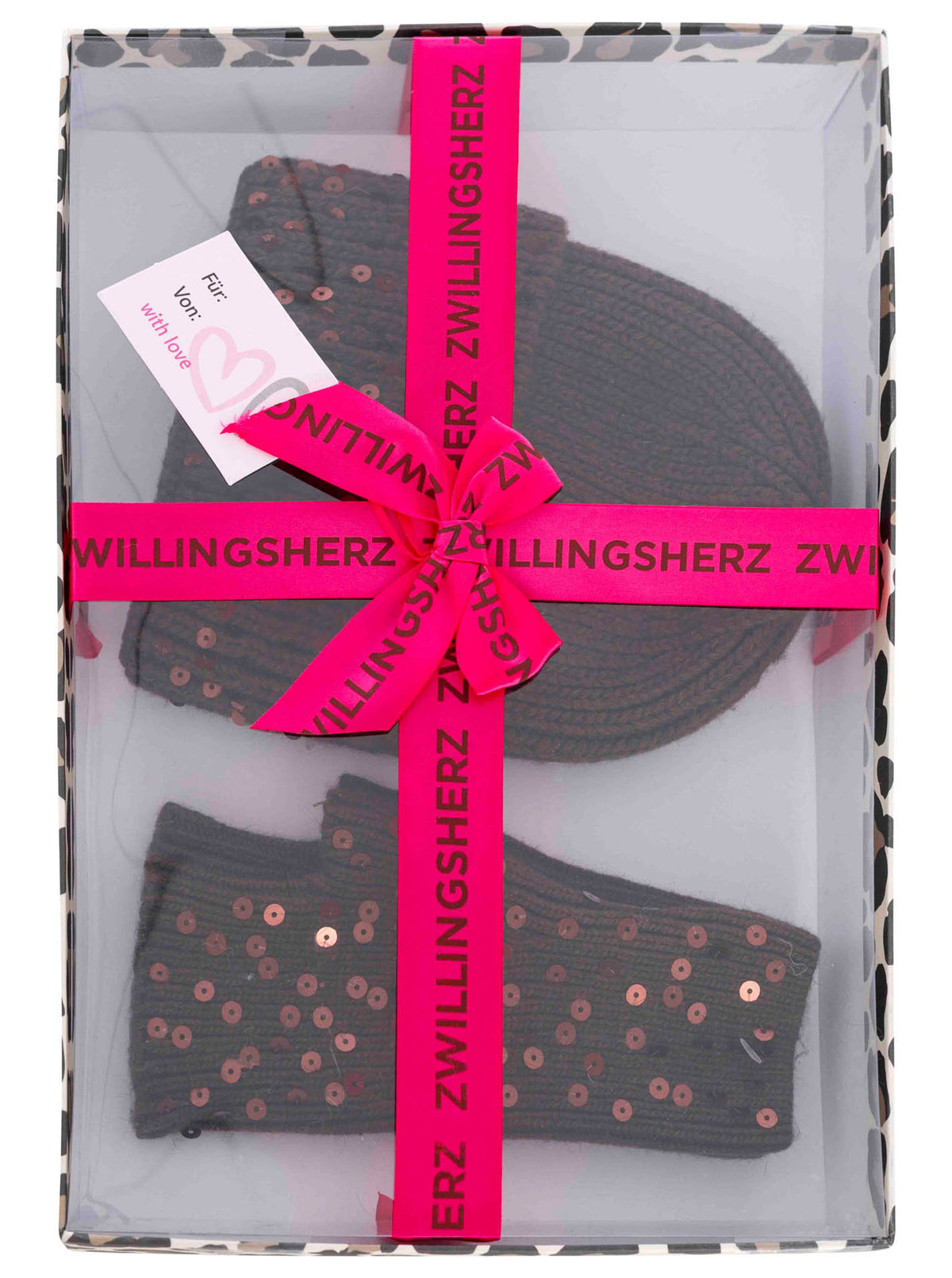 Zwillingsherz - Geschenk Set Mütze & Handschuh "Glitter" - Braun