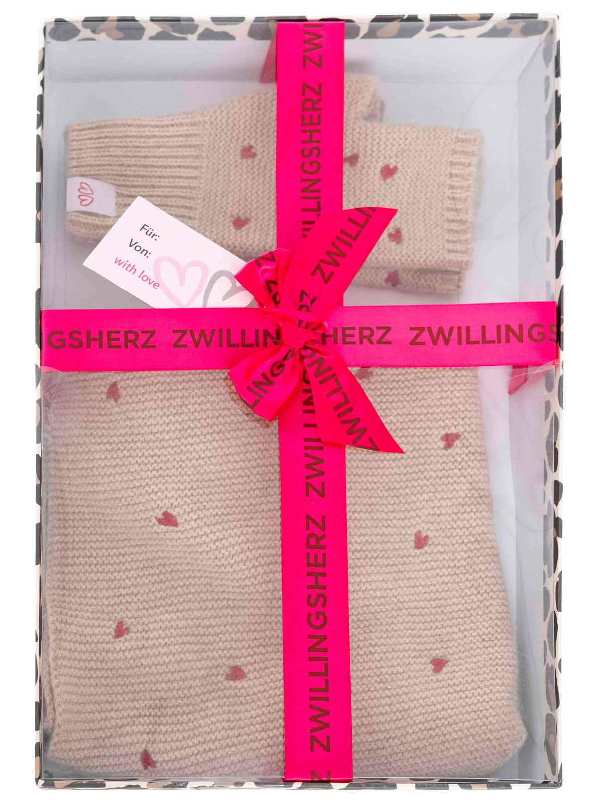 Zwillingsherz - Geschenk Set Dreieckstuch & Handschuh "Herzchen" - Beige