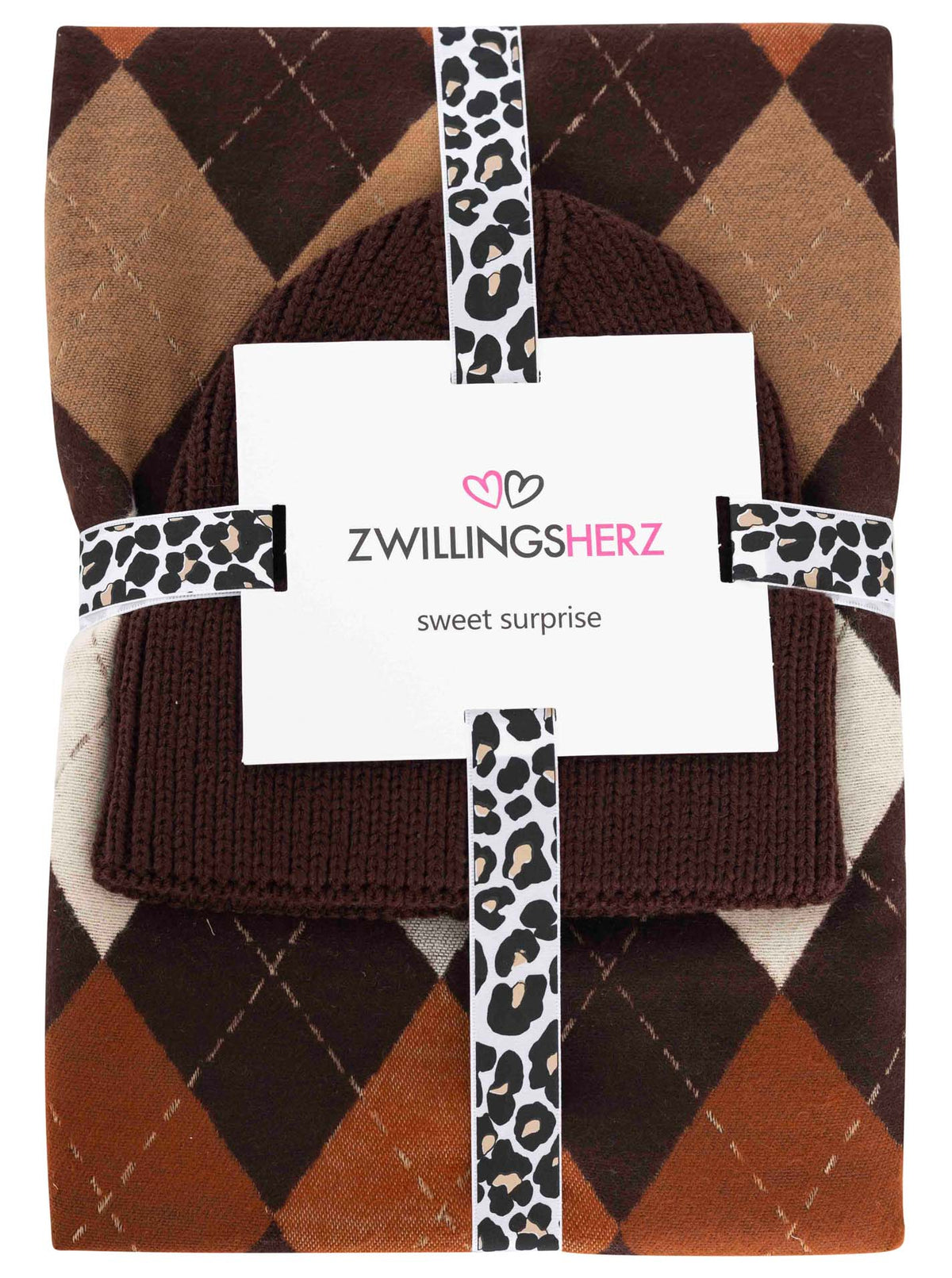 Zwillingsherz - Geschenkbox Mütze & Schals "Argyle" - Braun