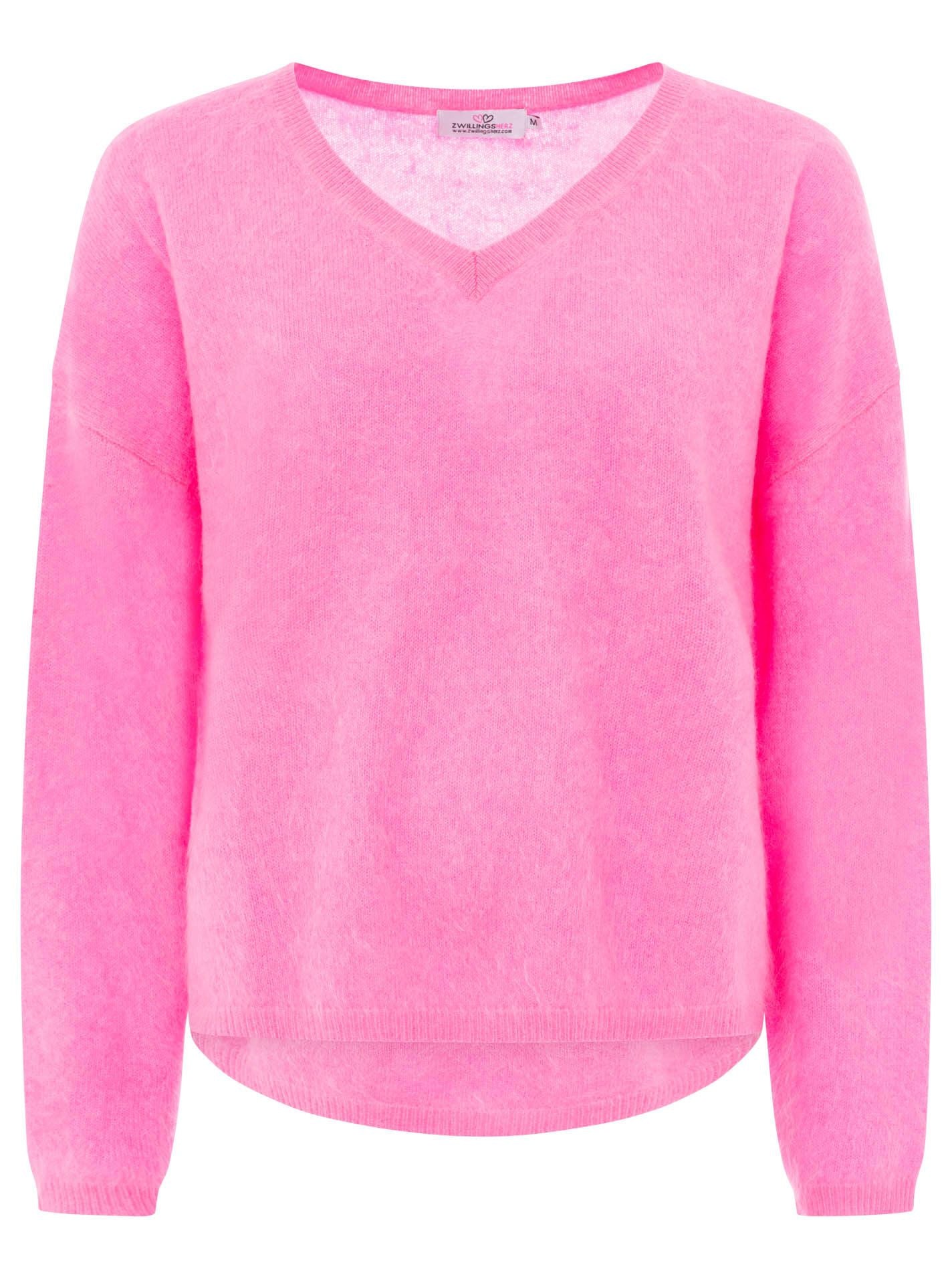 Zwillingsherz 100% Kaschmir Pullover V-Ausschnitt aus gebürstetem Cashmere - Neonpink