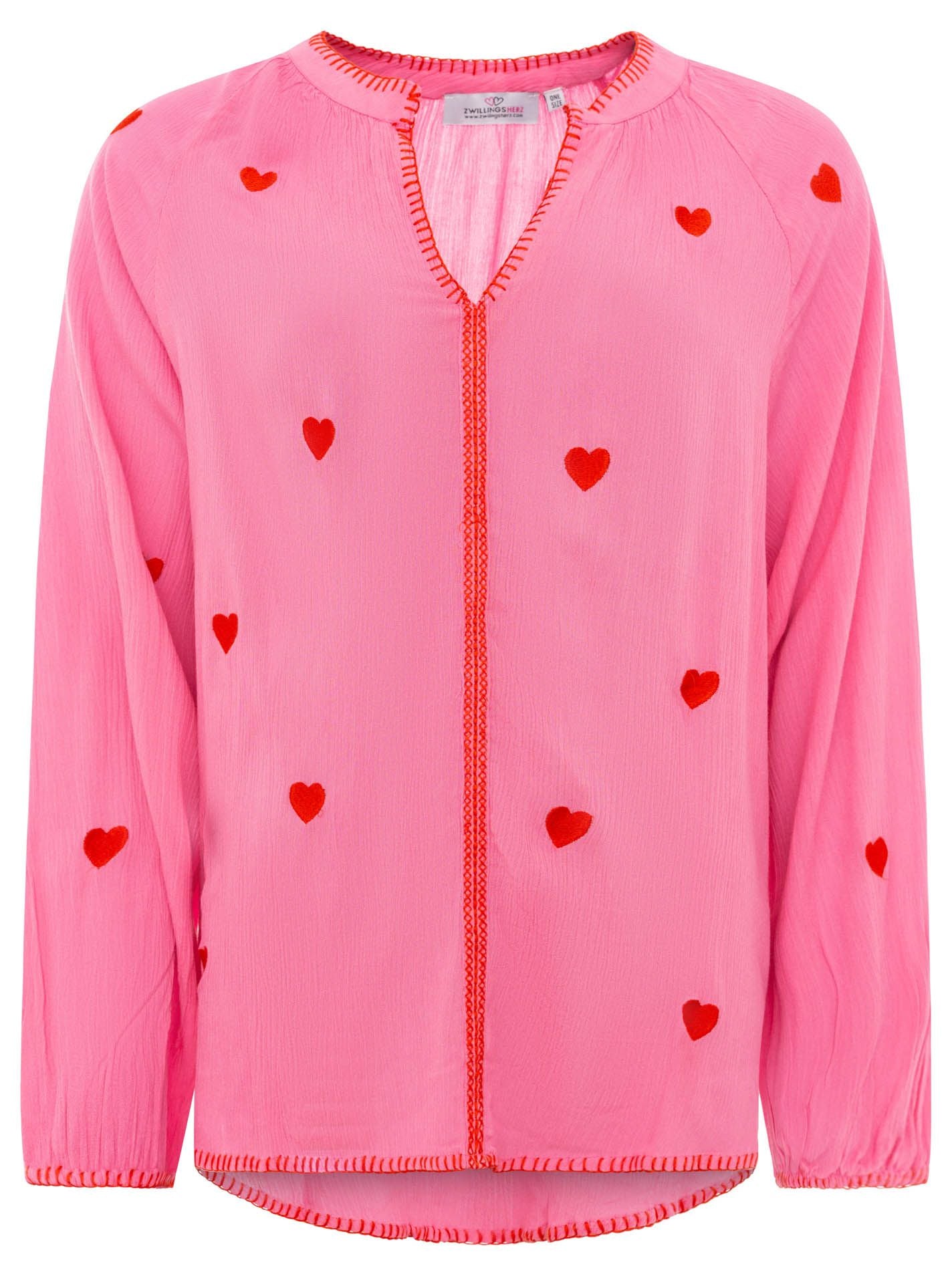 Zwillingsherz - Bluse V-Ausschnitt „Gestickte Herzen“ - Pink