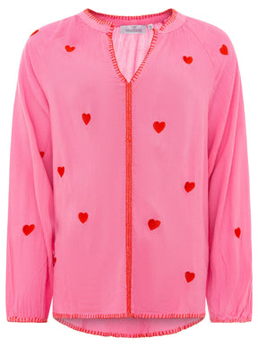 Zwillingsherz - Bluse V-Ausschnitt „Gestickte Herzen“ - Pink