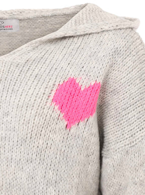 Oversize Strick Hoodie „Herz“ - Made in Italy - Grau/Pink
