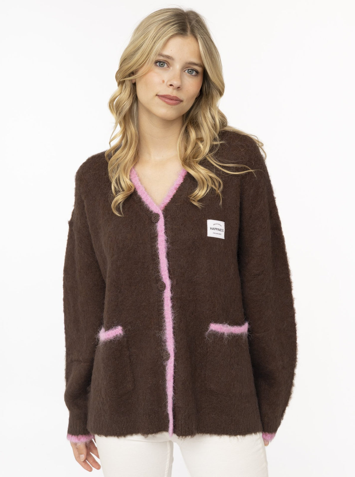 Zwillingsherz Oversized Cardigan "Neon & Patch" - Braun