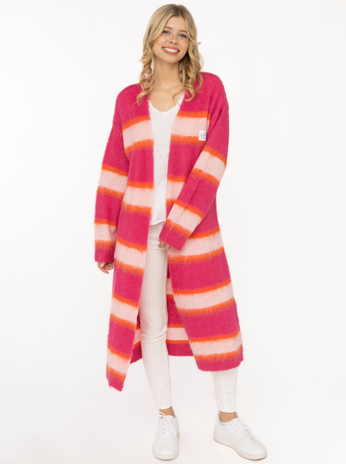 Zwillingsherz Long Cardigan "Fluffy Stripe" - Neonpink