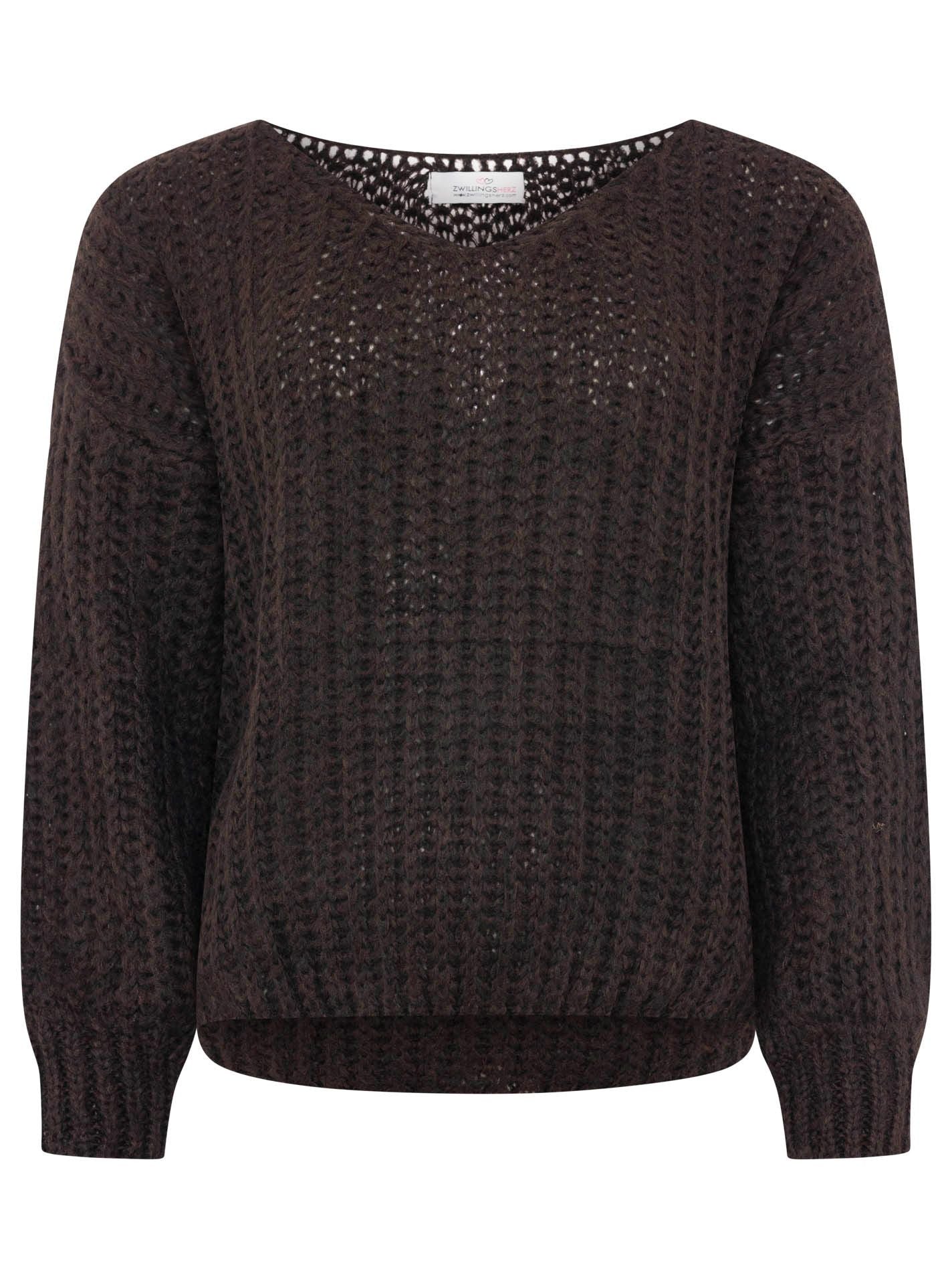Zwillingsherz - Weicher Grobstrick Pullover mit Wolle - Braun