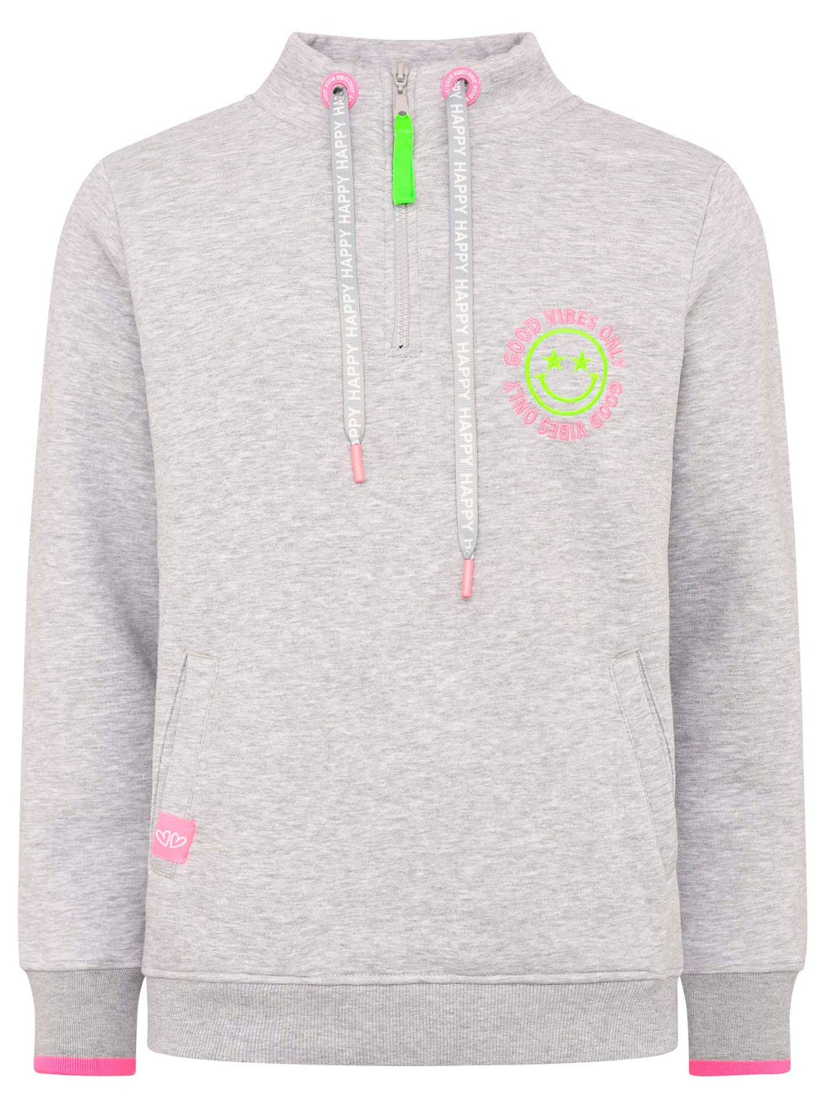 Zwillingsherz - Troyer Zipper „Smiley Good Vibes“ "- Grau/Pink