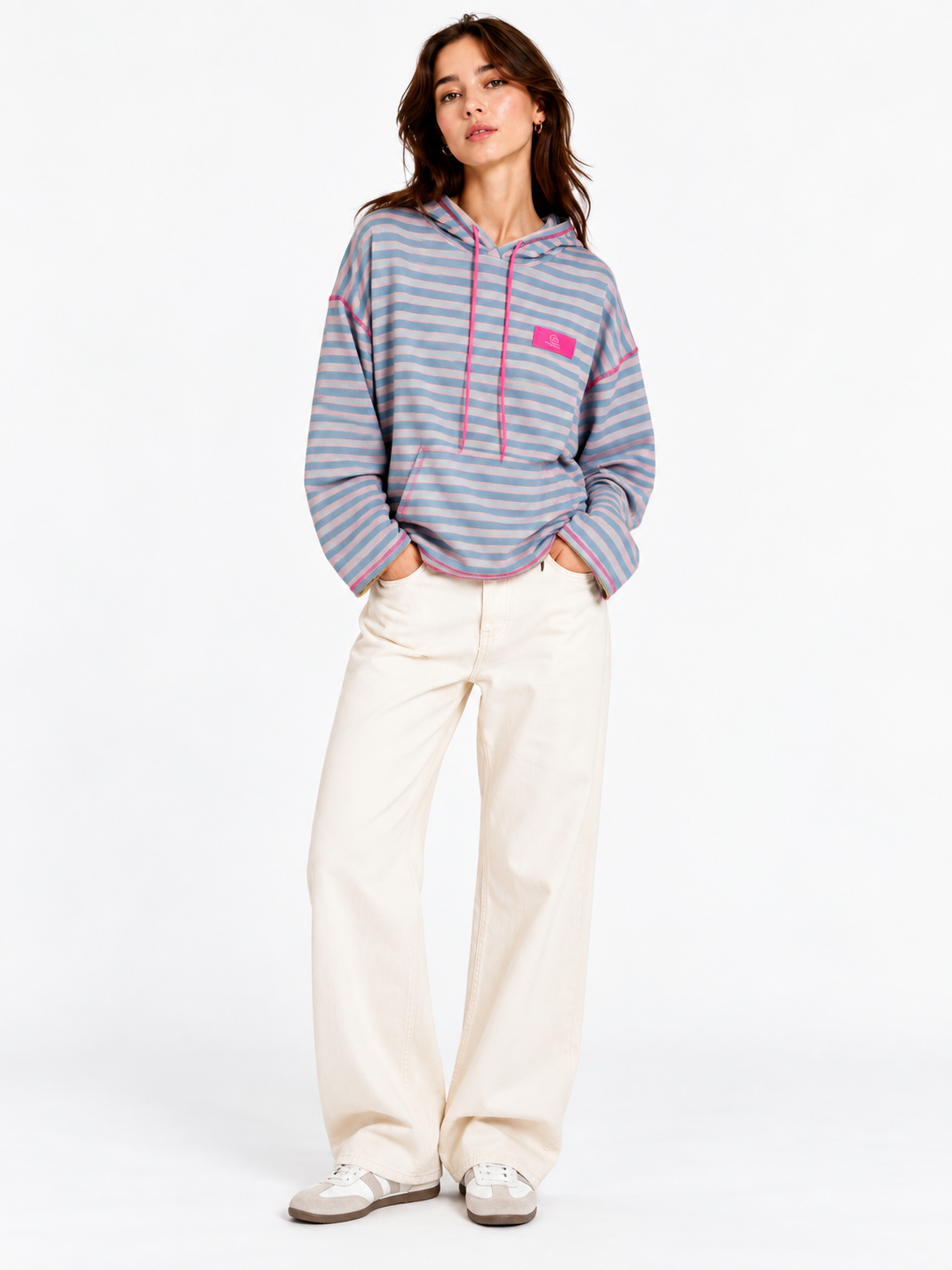 Gestreifter Kapuzenpullover - Hellblau/Rosa