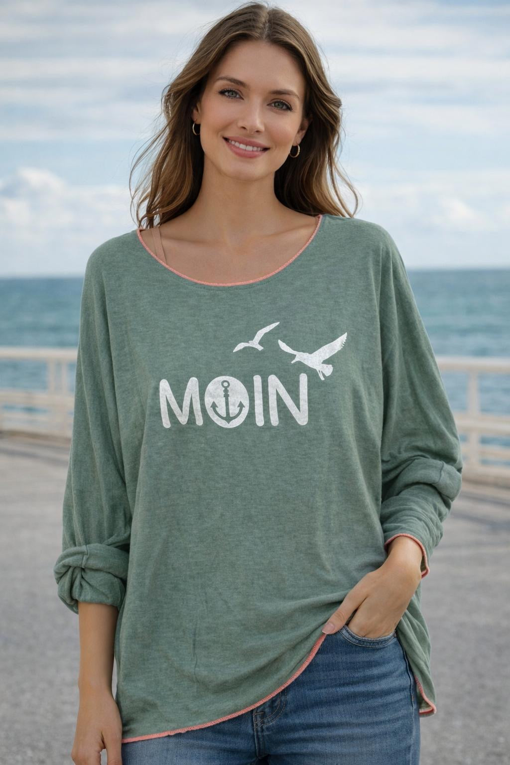 Flair - Leichtes Sweatshirt "Moin Anker" - Salbei