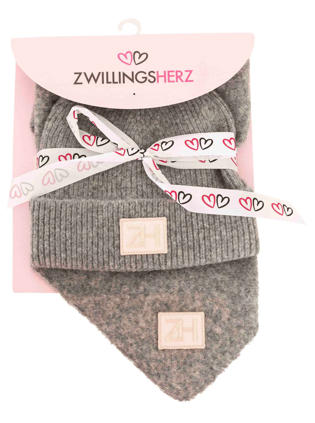 Zwillingsherz - Geschenk Set Mütze & Dreieckstuch "Patch" - Hellgrau