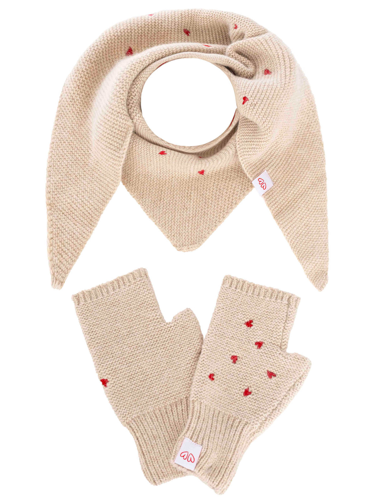 Zwillingsherz - Geschenk Set Dreieckstuch & Handschuh "Herzchen" - Beige