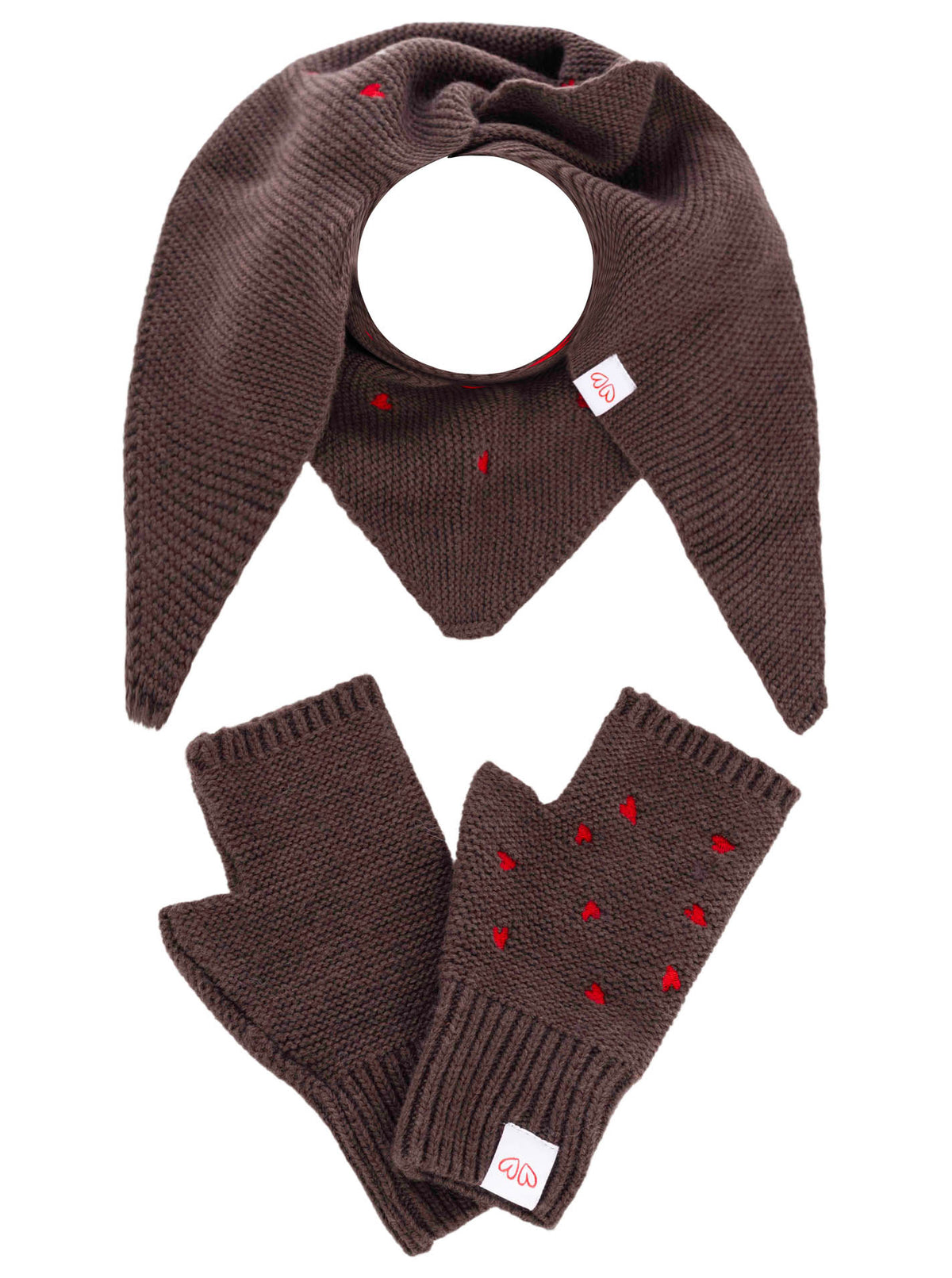 Zwillingsherz - Geschenk Set Dreieckstuch & Handschuh "Herzchen" - Braun