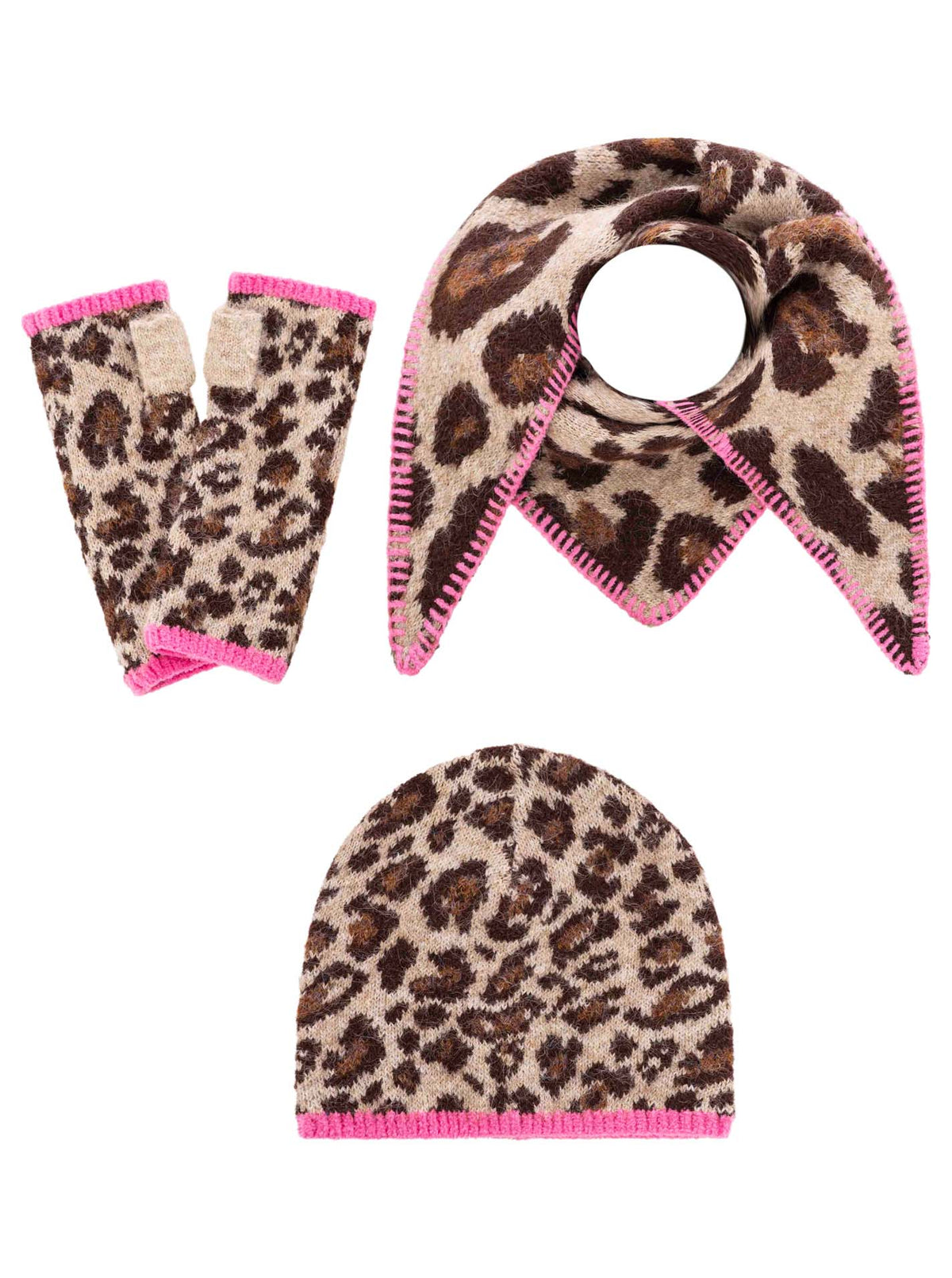Zwillingsherz - Geschenk Set Mütze, Dreieckstuch & Handschuhe "Leo" - Neonpink