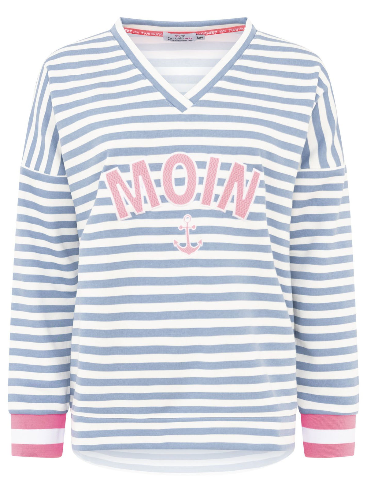 Zwillingsherz - Moin Sweatshirt V-Ausschnitt Streifen - Blau/Rosa