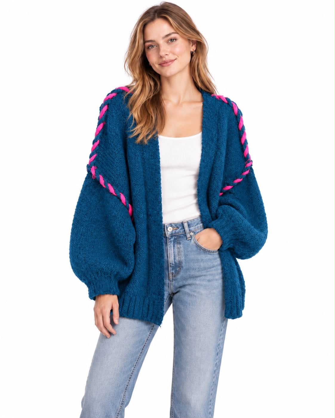 Oversize Cardigan Viskose mit Kontrastnaht – Petrolblau/Pink