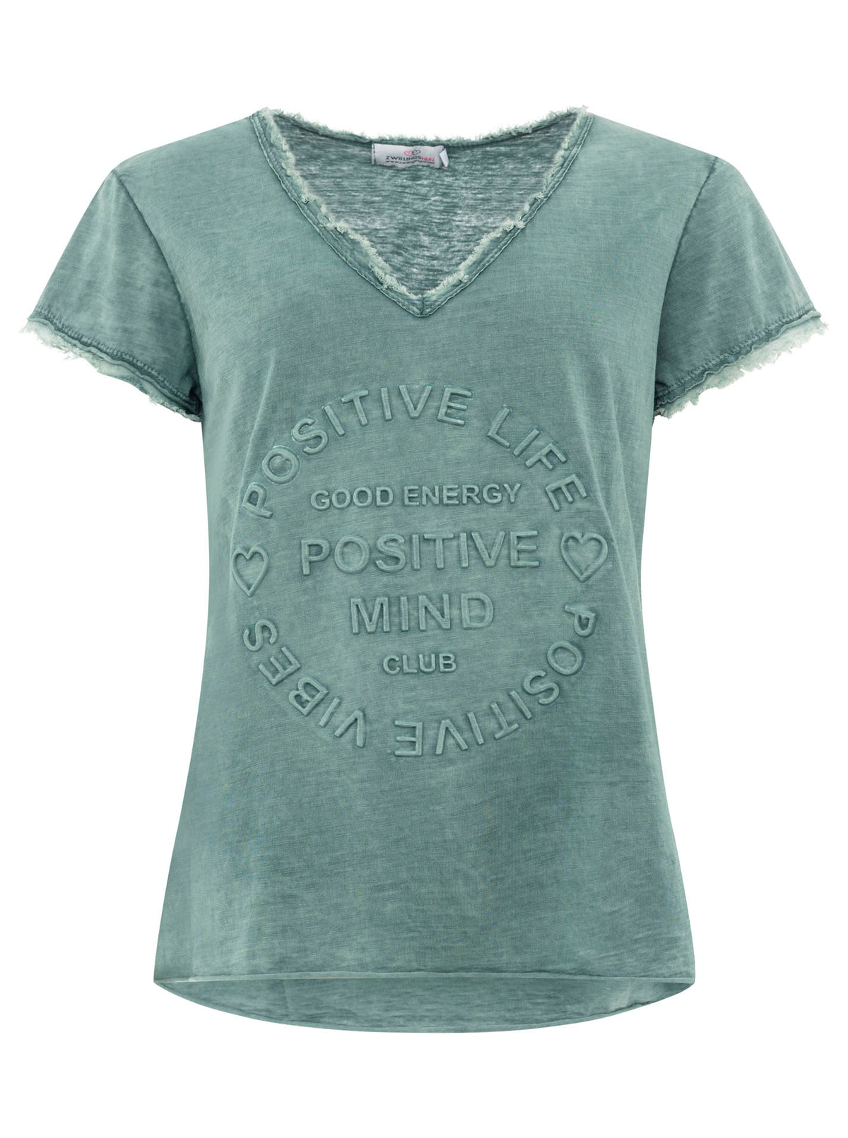Zwillingsherz - Oversized T-Shirt "Positive Mind" Fransensaum - Petrol