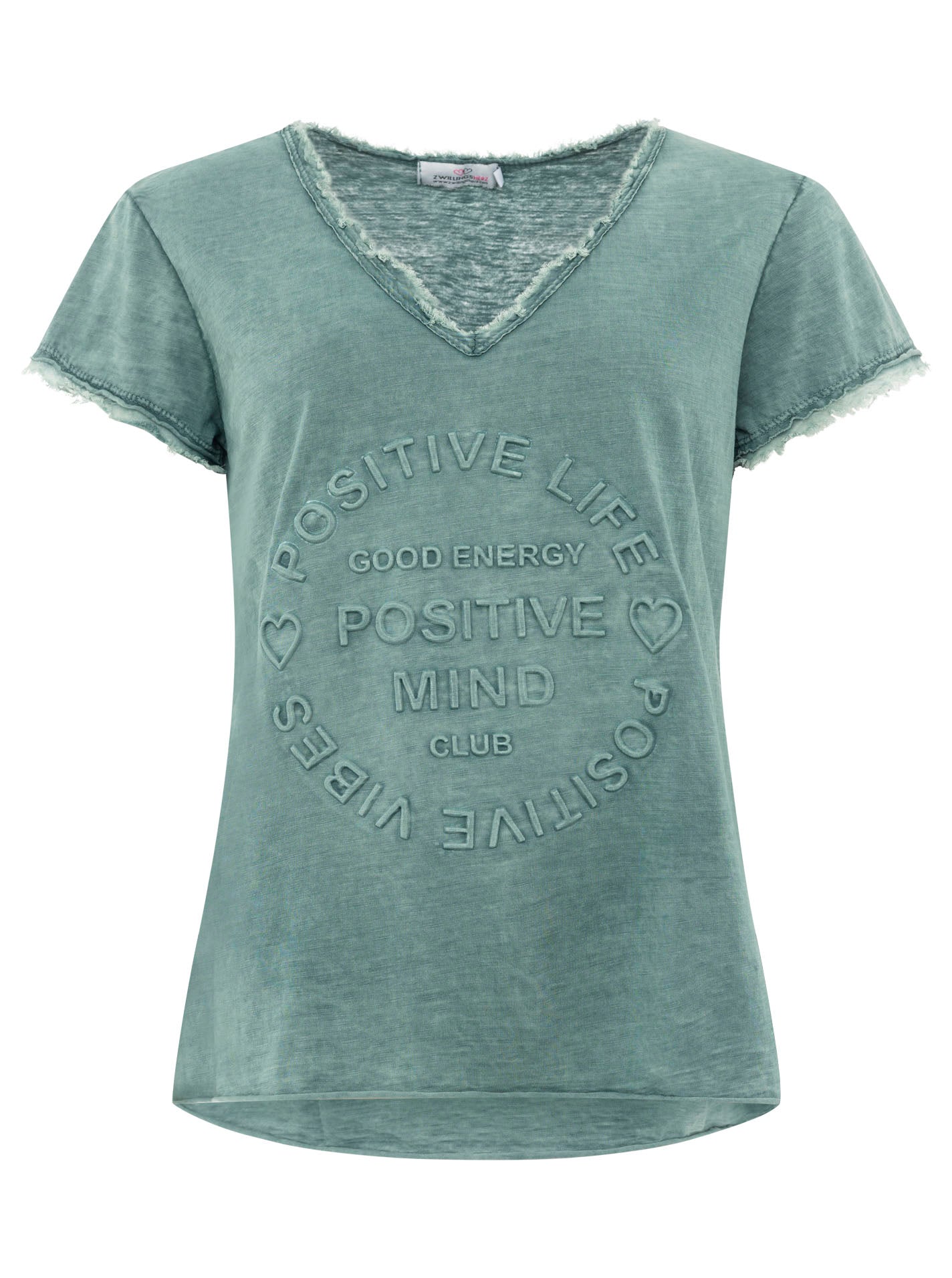 Zwillingsherz - Oversized T-Shirt "Positive Mind" Fransensaum - Petrol